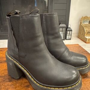 Black Platform Chelsea Boots with Yellow Stitching - Women